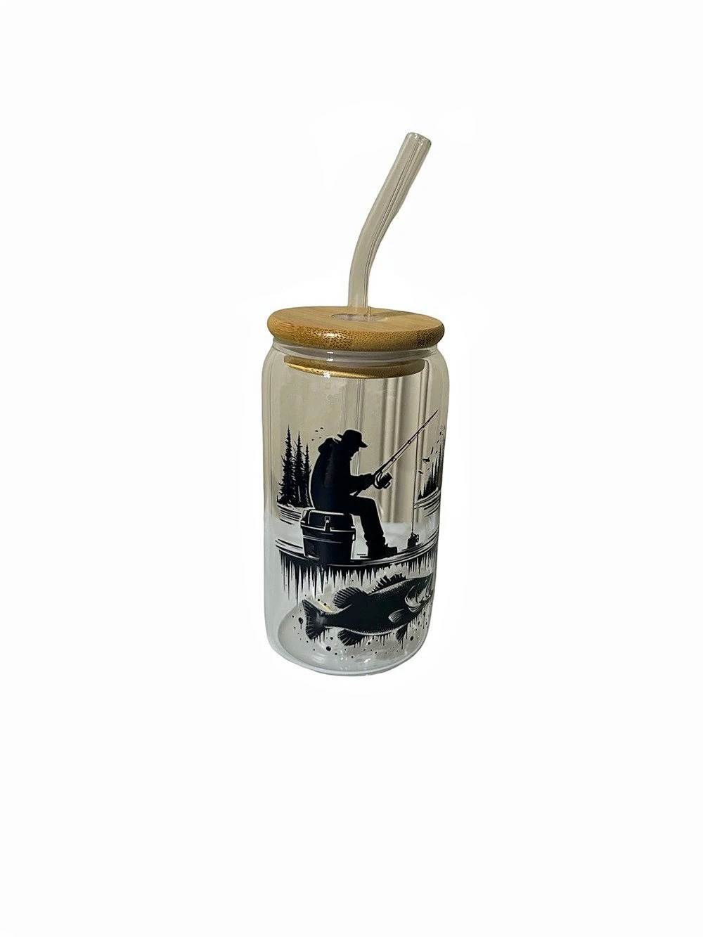 Clear & Brown Fishing Glass Tumbler with Straw